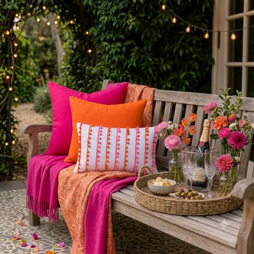 Image of Preppy Pom Pom Cushion Cover, Pink Orange White Decorative Throw Pillow Cover, Colorful Dorm Room Decor, Sorority Style Accent Pillow for Bedroom, College Apartment Preppy Cushions