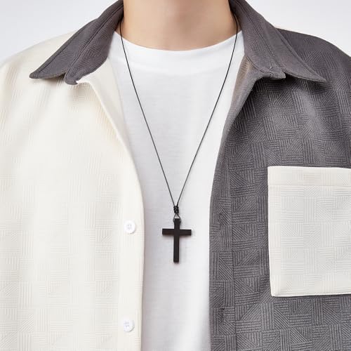 Men's Wooden Cross Necklaces Real Handcrafted Wood Cross Pendants With Leather Necklaces Men's Black Cross Necklaces Christian Baptism Crucifix Pendant for Men4
