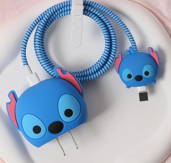 Image of Meyaar Silicone Protective Case for Apple 20W & 18W iPhone USB-C Power Adapter Charger and for USB Lightning Cable, 3D Cartoon Case for iPhone Charger 18W /20W Only (Bear (Blue))
