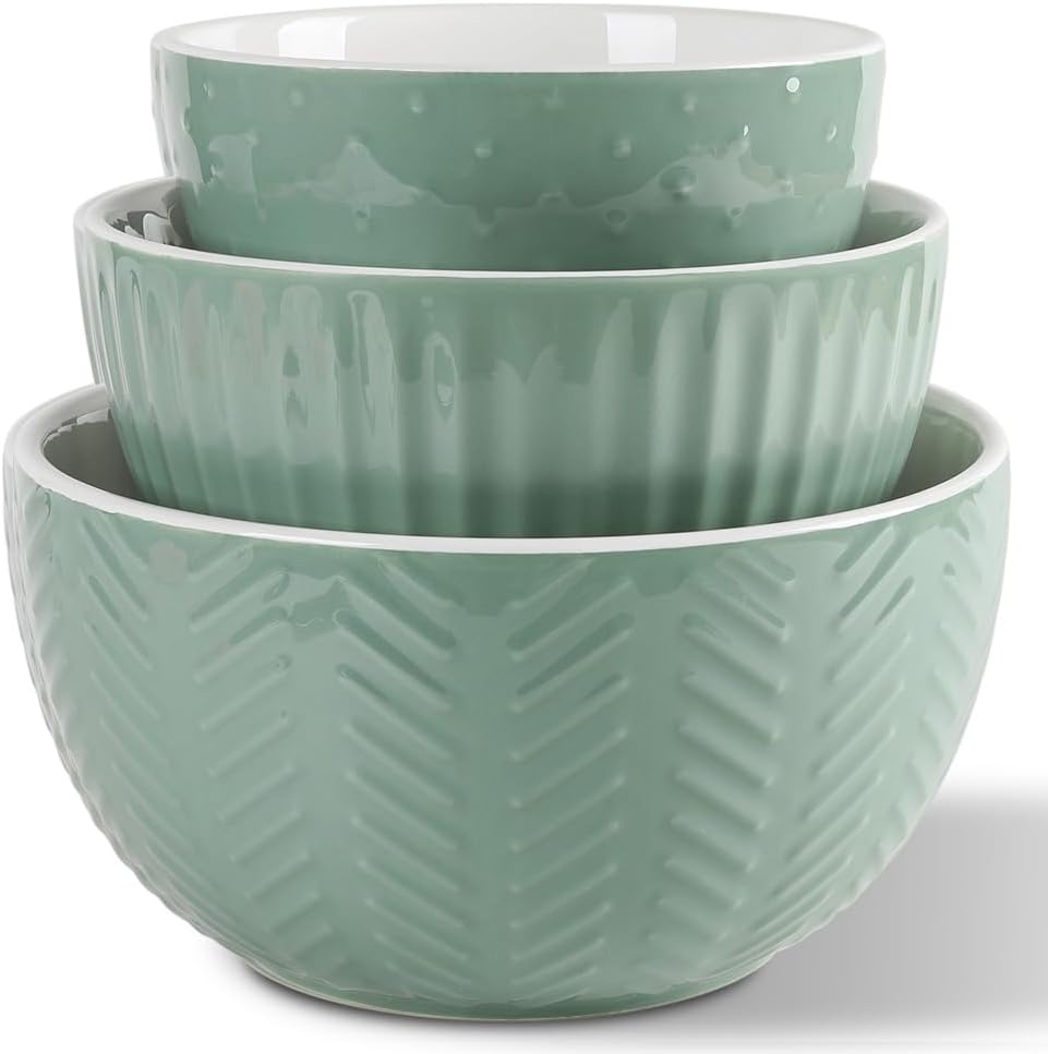 HAPPY KIT Ceramic Mixing Bowls Set, Serving Bowls Set For Kitchen,Large 5/3/1.5 Quart Bowl Set of 3, Prep Nesting Bowl for Baking and Mixing Salad,Avocado green
