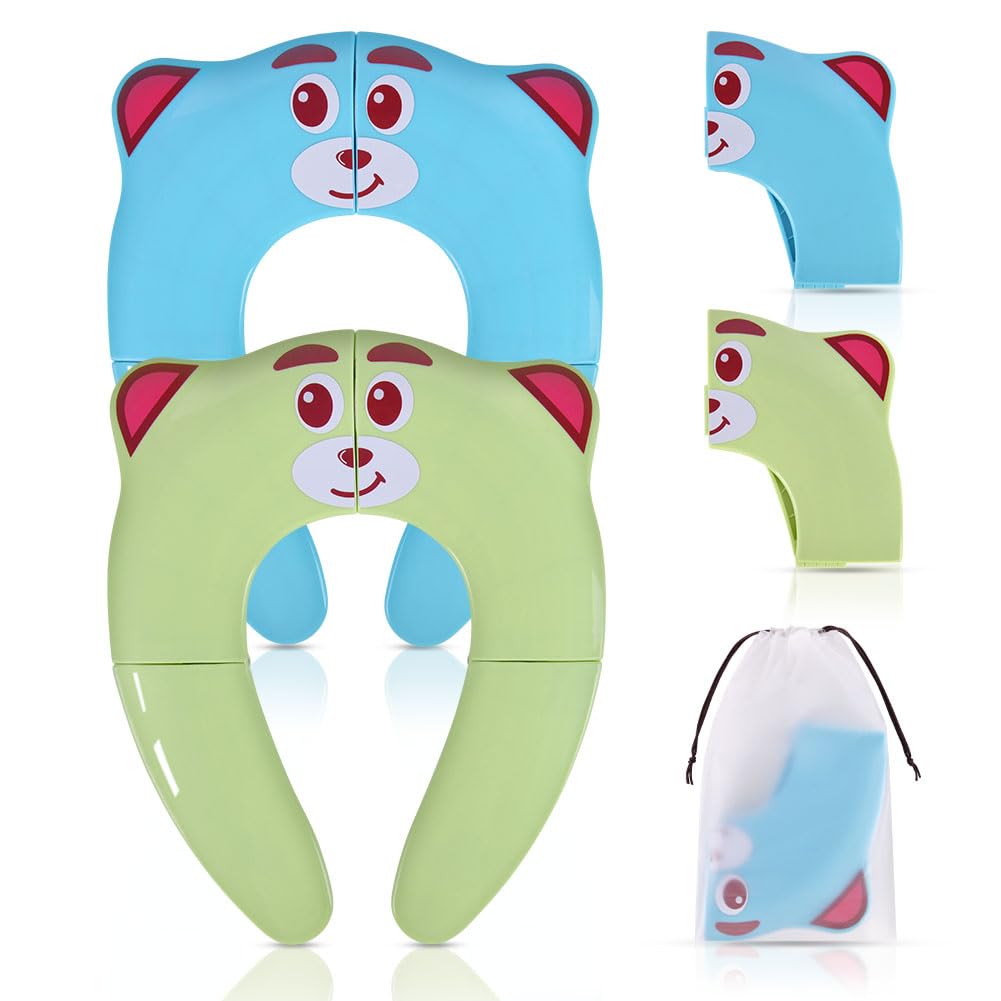 HOTUT Foldable Toilet Seat Children, 2 Stück Tragbar Reise Toilettensitz mit Storage Bag und Belohnungsaufkleber,Children's Toilet Seat,Rutschfest Travel Potty Seat für Kleinkind/Kinder(Blau,Grün)