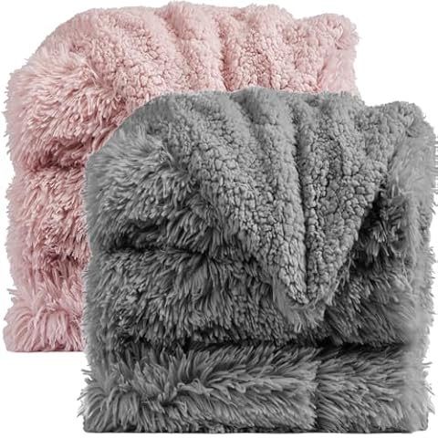 The Connecticut Home Co Throw Blanket for Couch, Soft Luxury Home Decor Shag and Sherpa, Cozy Throws for Bed, Warm Comfy Bedding Accent Blankets 65x50, Silver and Dusty Rose, 2 Item Bundle Cover