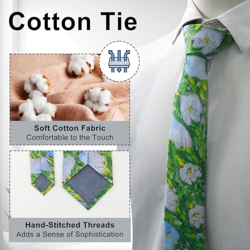 Image of Luckyvestir Mens Ties, Sage /Dusty Blue /Pink Floral Ties for Men, 2.76 inch Cotton Flower Necktie for Wedding /Groomsmen /Party