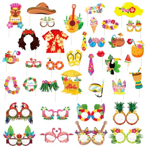 YiiHHooN 38 Piezas de Accesorios para Fotos de Verano, Photocall Hawaiano Multicolor, Accesorios de Photo Booth con Figura de Flamenco Entre 30 Atrezos y 8 Gafas de Papel para Fiesta Luau