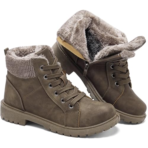 Uoidru Combat Boots For Women Ankle Booties Black Winter Snow Boots White Lace Up Boots Comfort Fuzzy Boot Side Zipper Short Boots(Khaki,US9)