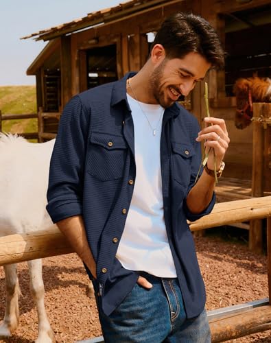 PJ PAUL JONES Men's Button Down Waffle Textured Shirt Casual Long Sleeve Wrinkle Free Untucked Shirts with Flap Pockets3