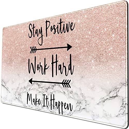 Pink Marble Large Mouse Pad Gaming Desk Mat Rose Gold Stay Positive Work Hard And Make It Happen, Office Decor Mouse Pad Large Kawaii Desk Pad For Women, Non-Slip Computer Mat Desk Mousepad 31.5X15.7 #TOP7