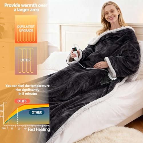 Image of Wearable Heated Blanket With Sleeves & Foot Pocket, Heated Throw Blankets Fast Heating Blanket With 10 Heat Settings Auto Shut Off Over-Heat Protection-Warm Gift, Machine Washable, 52 inch*72 inch+18 inch