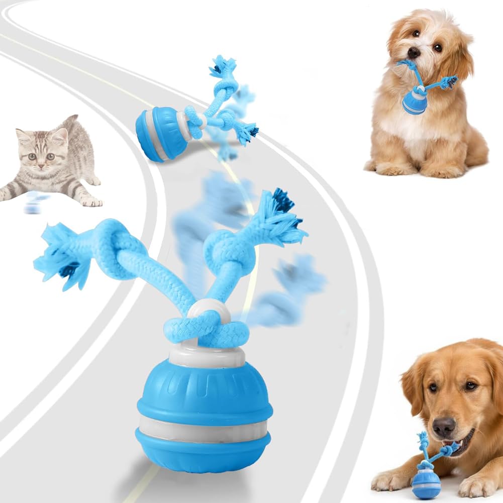 Interactive Dog Ball Toy,Smart Interactive Dog Toys for Boredom,Automatic Moving Dogs Toy with Bird Sounds,Automatic Active Rolling Ball with Tail for Dogs,with Chew Ropes for Puppy/Small/Medium(Blue)