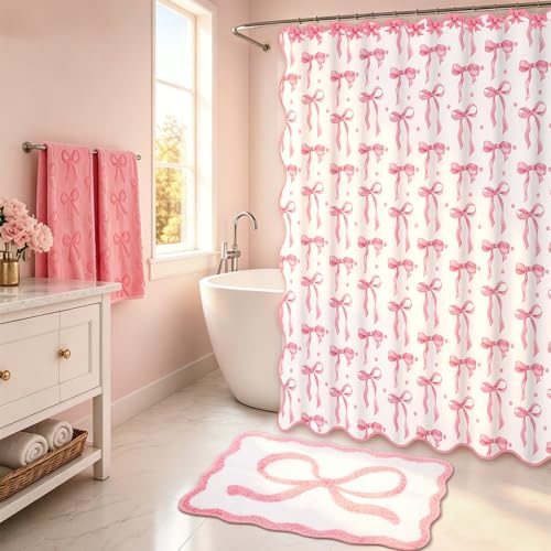 JarThenaAMCS 17Pcs Pink Bow Shower Curtain Set with 12 Decorative Shower Curtain Hooks 2 Bathroom Towels Coquette Non Slip Absorbent Rug U-Shaped Toilet Rug for Christmas Modern Aesthetic Bathroom — view 6