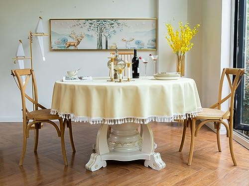 Nappe ronde jaune 260cm en polyester uni avec glands de protection