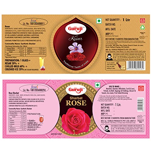 Image of Shree Guruji Kesar Sharbat & Rose Sharbat Combo Pack Milk Beverage Instant Refreshing Syrup Drink for Summer (1 Litre)