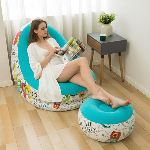 Image of Primechoice Pu, Plastic Inflatable Lounge Chair with Footrest 2-in-1 Air Sofa for Adults, Folding Portable Lazy Recliner with Pump for Indoor Living Room, Office, Outdoor Camping (Graffiti Blue)