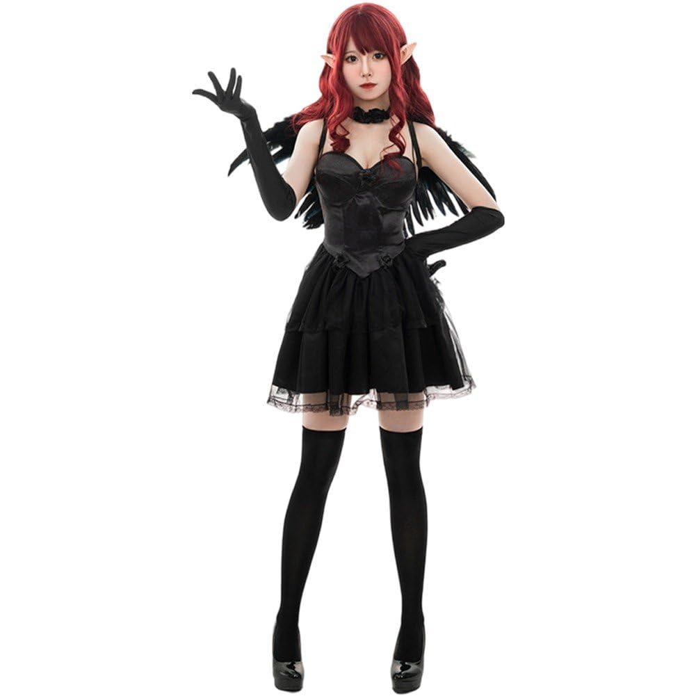 4 szt./zestaw Halloween czarno-biała postać anioła przebranie kostium spódnica naszyjnik rękawiczki i skrzydła diabeł kostium cosplay