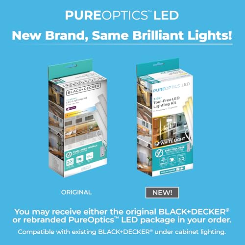 Image of PureOptics LED Under Cabinet Light Kit, Motion Sensor, Dimmable, Linkable, 3 Color Settings, Tool-Free, for Kitchen, Cabinets and Closets, (3) 9 inch Bars