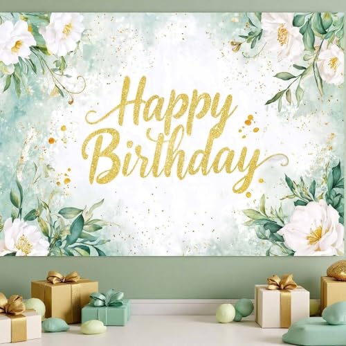 Image of Sage Green Birthday Decoration Backdrop 72X44inch Banner Greenery Eucalyptus Leaves Flower Floral Birthday Party Banner Background Party Decorations for Women Adults Girls