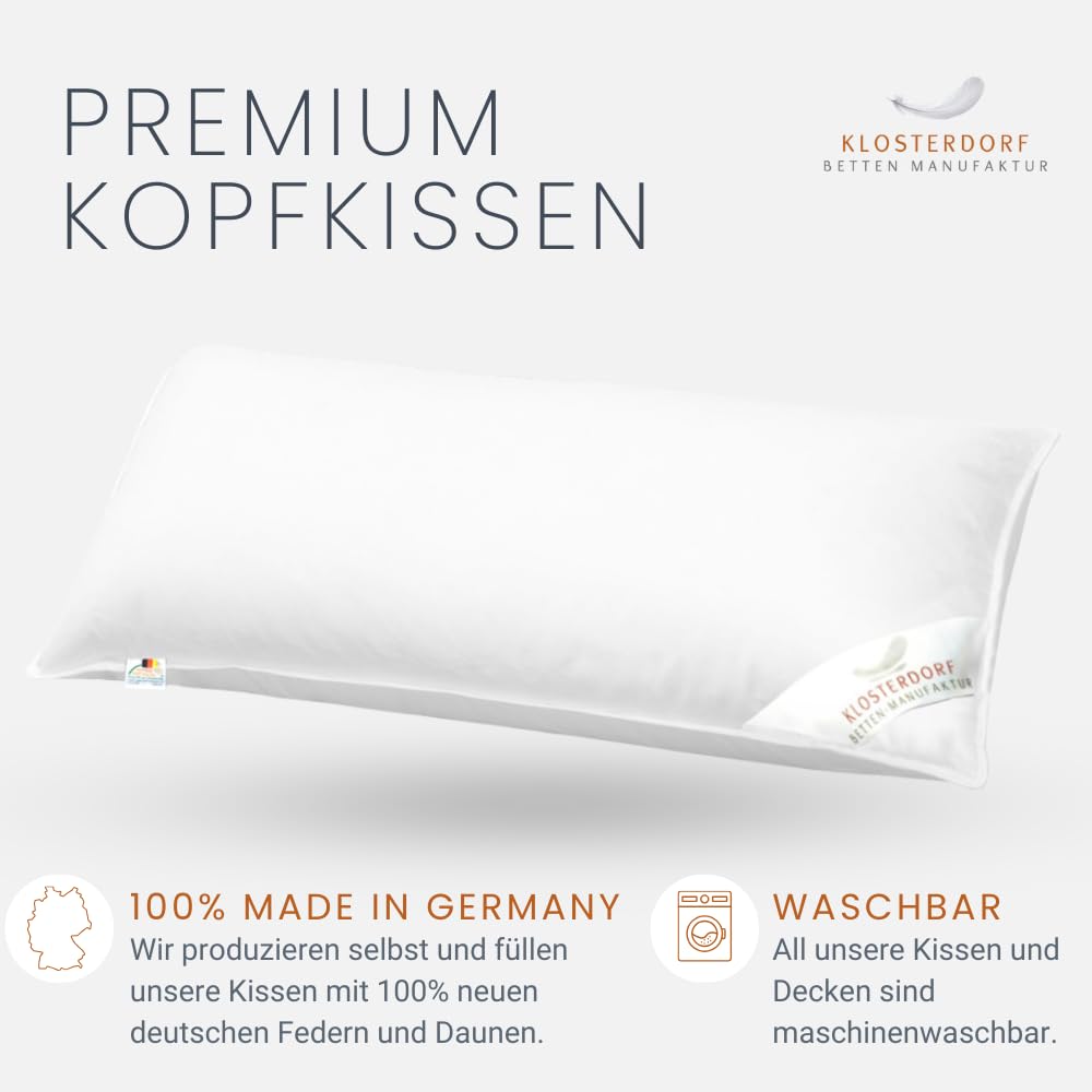 Klosterdorf Bettenmanufaktur Premium Dreikammer Kopfkissen ''fürstlich'' - 40x80 cm - 500 Gramm - Handarbeit aus Deutschland - Gesund schlafen - Daunenkopfkissen Daunenkissen 3-Kammer Kissen
