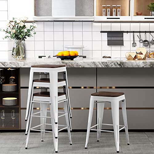 Set of 4 Stackable Metal Bar Stools for Industrial Style Counter Height Seating - White with Wooden Seats