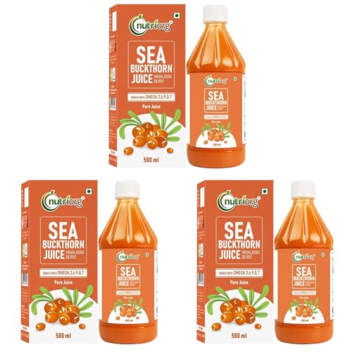 Image of Nutriorg Pure Sea Buckthorn Juice Concentrate Pulp 500 mL | Cold Pressed | 100% Himalayan Berry Pulp | Omega 3,6,7,9 & Vitamin C | Best for Immunity & Antioxidant Rich | Makes 50 Glasses | No Added Sugar & Colour
