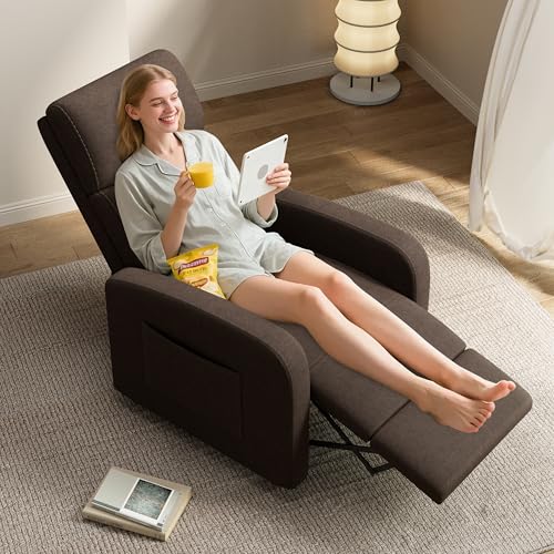 Image of GarveeHome Linen Fabric Manual Recliner Chair, with Side Pocket, High Backrest, Thick Cushion, Adjustable Push Back Recliner, Lazy Lounge Chair for Living Room, Home Theater, Bedroom, Brown