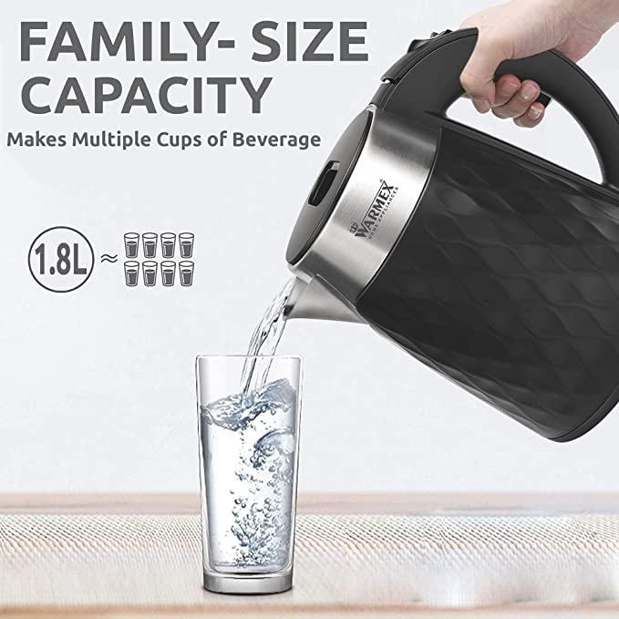Image of Warmex Double Wall Electric Kettle for Hot Water with 1.8 Ltr | 304 Stainless Steel Inner Body /Auto Shut Off / 360 Deta | Boil & Serve 09 Black