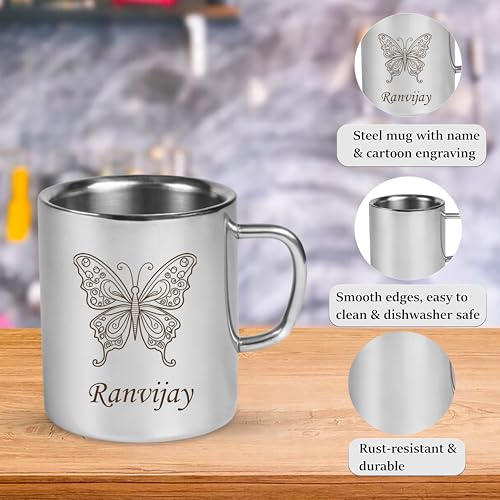 Image of SAVRI Personalized Stainless Steel Mug for Kids with Customized Name Engraved & Cartoon Design | 220 ml Double Wall Insulated Mug for School, Milk, Juice & Water (Butterfly)