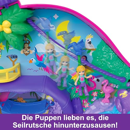 Polly Pocket Faultierfamilie 2-in-1 Taschenschatulle - Tropisches Abenteuer mit 12 Accessoires, Dschungelspielbereiche und versteckter Strand, für Kinder ab 4 Jahren, HRD40