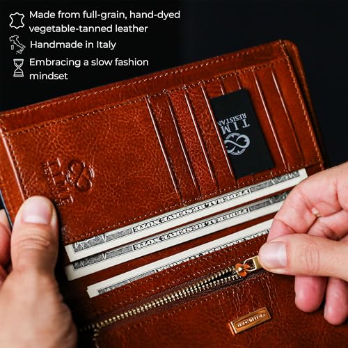 Image of Time Resistance Long Leather Wallet - Bifold Mens Suit Leather Wallet - Checkbook Wallet - Tall Billfold Card Wallet - Slim Wallet Made in Italy (Cognac Brown)
