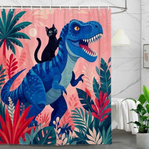 Image of Boziqr Funny Cat Riding Dinosaur Shower Curtain, Boys Kids Bathroom Decor | Tropical Pink Botanical Bath Curtain Set, Waterproof Polyester with 12PCS Hooks for Kids Teens Adults, 70 x 78 Inch
