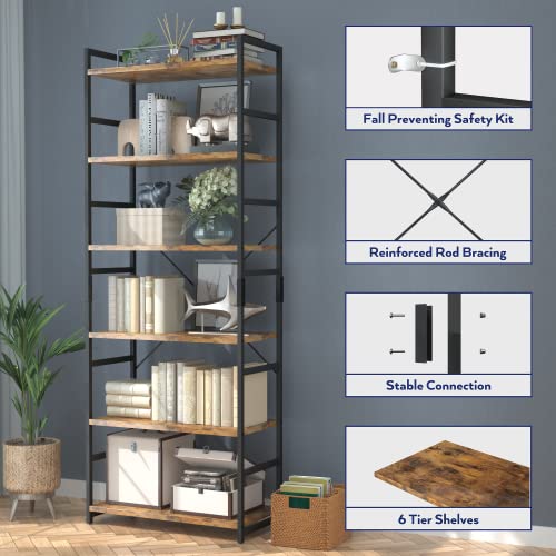 Image of NUMENN 6 Tier Bookshelf, Tall Bookcase Shelf Storage Organizer, Modern Book Shelf for Bedroom, Living Room and Home Office, Vintage