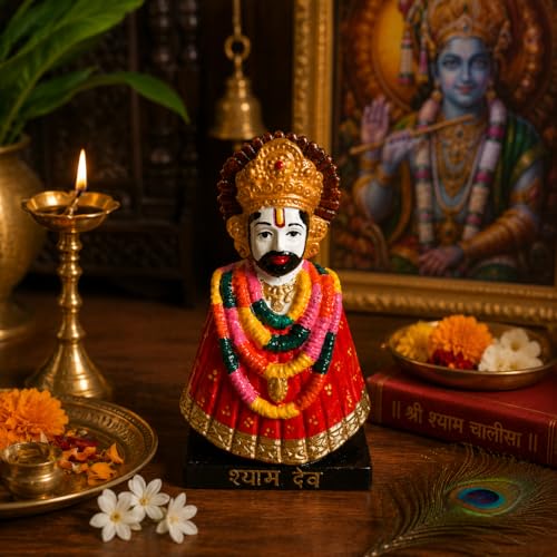 Image of eCraftIndia Red Khatu Shyam Ji Idol for Home Decor | Decorative Khatu Shyam Statue with Garland Design | Spiritual Showpiece for Temple, Living Room & Gifting