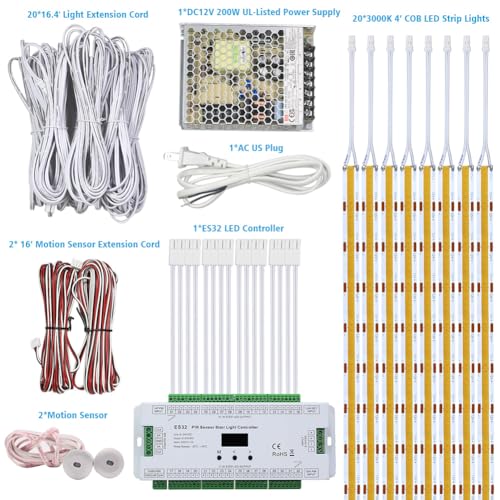 Image of 20-Step Motion Activated Stair Lights Kit, 47.2-Inch Cuttable Warm White COB LED Strip Lights for Indoor Stairs, Staircase Lighting with PIR Sensor and Daylight Sensor (3000k)