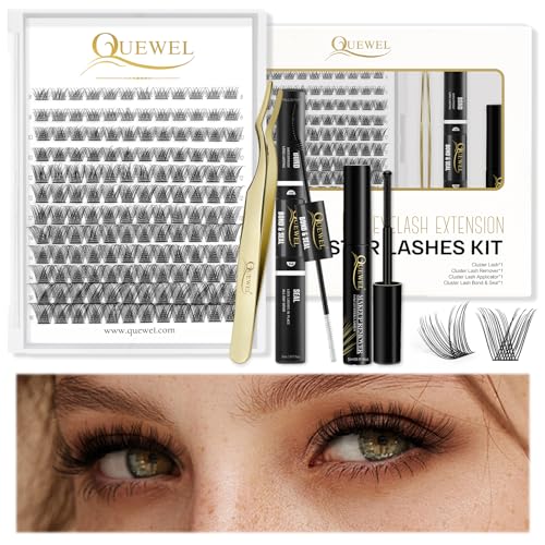 QUEWEL 144 Pcs Wimpern Cluster, DIY Wimpern Extensions Set, Super Hold Cluster Wimpern Bindung und Dichtung, Cluster Wimpern Einzeln Applicator Tool (QU-RR-DH-02)