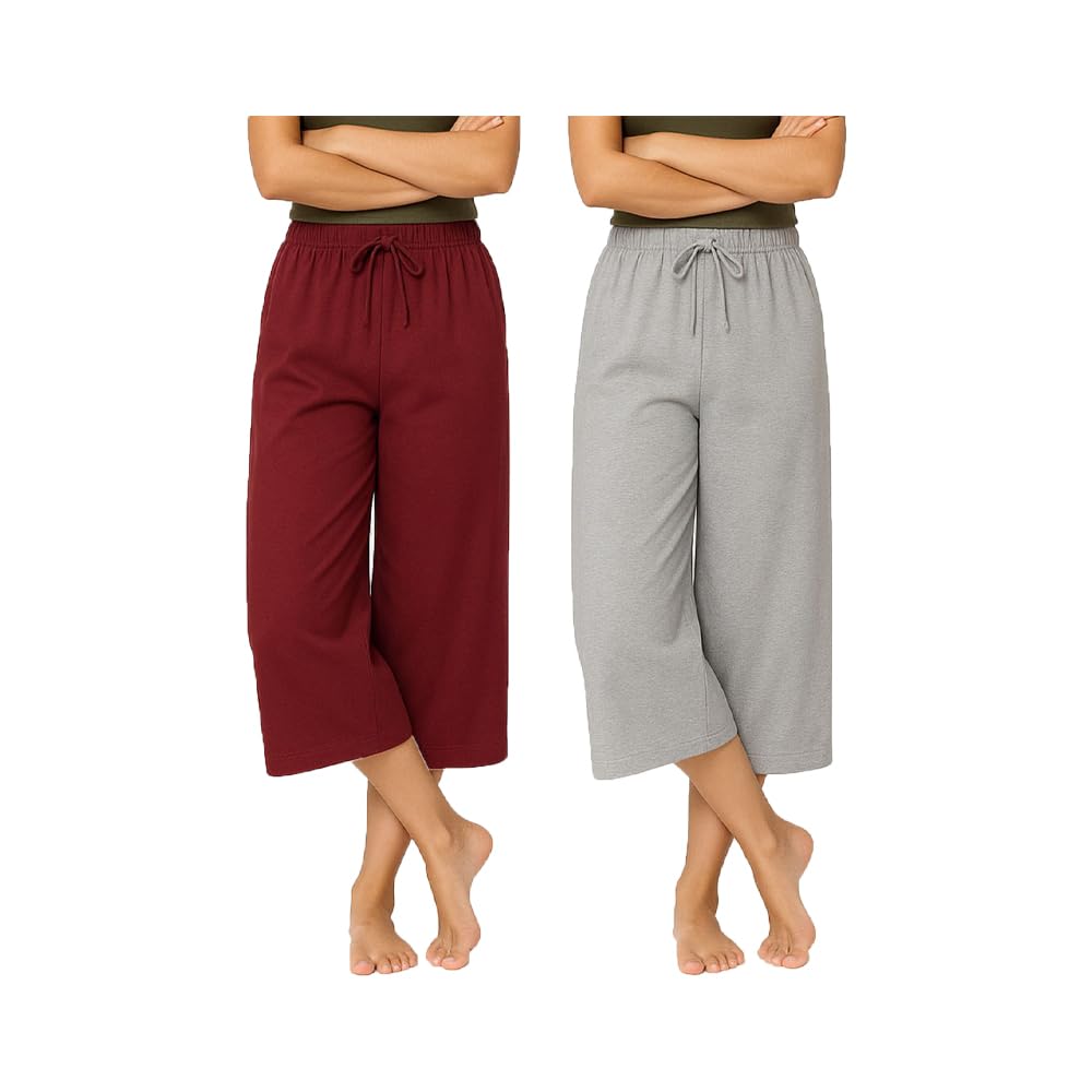 Womens Cotton Plain 3/4th Capri With Loosefit 2Pack (Grey, Marrone)-picture-33