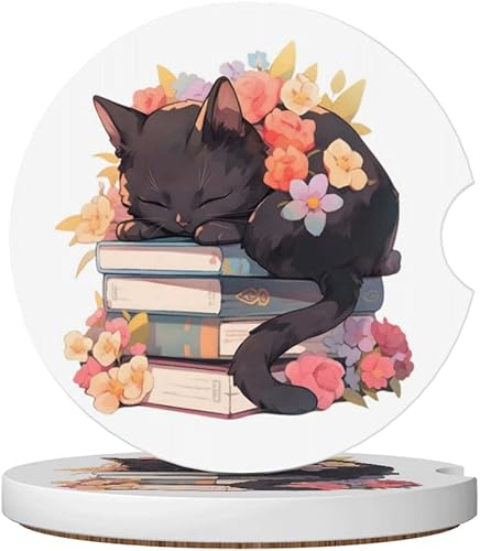 Miniatura 17 de Portavasos para Portavasos de Automóvil, 2 Piezas Posavasos de Cerámica con Parte Trasera de Corcho y Ranura para los Dedos, Antideslizante, Gato