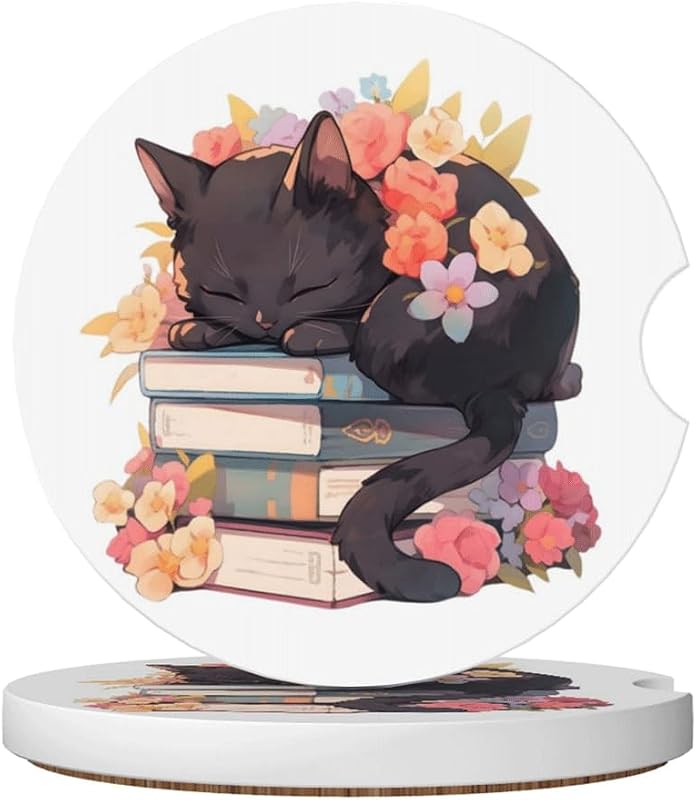 Porta-copos cerâmico para carro com estampa floral de gato KWSAAHU, 6,5 cm, kit com 2 peças