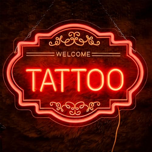 Image of Tattoo LED Neon Sign, 14 x 11 In Dimmable Light Up Wall Decor | USB Powered Light up Signs Decor for Bussiness Shop Studio & Salon, Gift for Artists