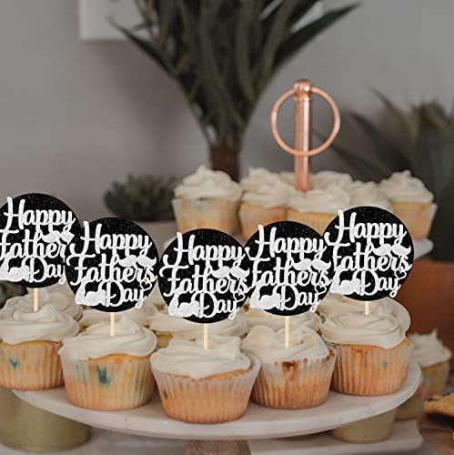 Jozon 36 Pieces Glittery Happy Father's Day Cupcake Toppers Round Glitter Fathers Day Thanks Dad Best Dad Cupcake Picks For Dads Day Birthday Party Supplies Cupcake Decorations (Black Sliver) #TOP4