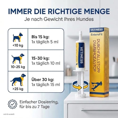 vetiness EnteroFit Durchfallstopp Paste für Hunde 30 ml – bei akutem Durchfall Hund und Darmstörungen – Diätergänzungsfuttermittel mit Aktivkohle, Bentonit und Probiotikum