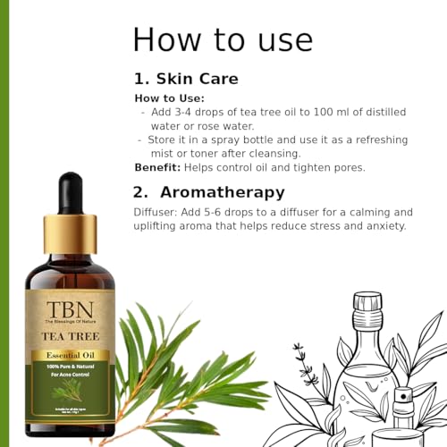 Image of TBN 100% Pure and Natural Tea Tree Essential Oil for Skin, Hair, Face, Acne Care | Premium Therapeutic Grade Tea Tree Oil for Aromatherapy, Stress relief - 15ML