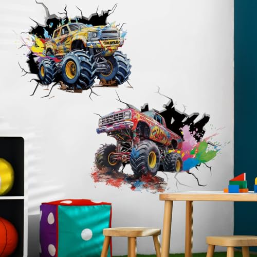 Runtoo Grands autocollants muraux Monster Truck pour chambre de garçon, aquarelle 3D, voiture de course, décoration de chambre d'enfant