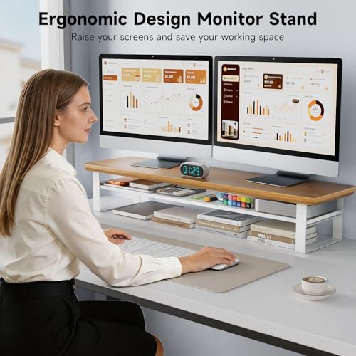 Image of Dual Monitor Stand, 35.4 Inch Monitor Stand Riser for 2 Monitors, 2 Tiers Wood Desk Shelf with Storage, Desktop Organizer Stand for Computer, Laptop, Printer, TV