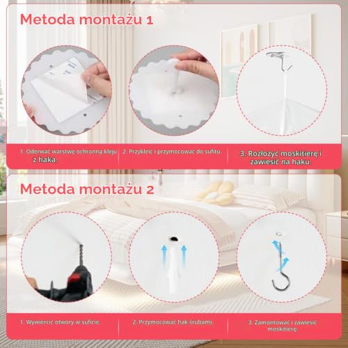 Białe łóżko z moskitierą, okrągłe, pojedyncze drzwi, baldachim na baldachim, drobne oczka, jako ochrona przed komarami, baldachim na łóżko, podwójne łóżko, łącznie z haczykami samoprzylepnymi