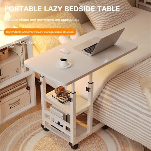 Image of Height Adjustable c Table with Wheels, Small Overbed Tables, End Table with Storage Shelves, Sofa Desk Hospital Laptop Stand Drawing Desk Mobile Couch Snack Side Desks with Tiltable Drawing Board