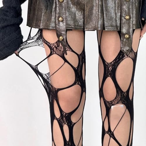 Halloween Hollow Out Ripped Fishnet Stockings for Women,Women’s High Waist Fishnet Tights Lace Sheer Pantyhose,Rose Ragged Pantyhose Hosiery Cosplay Punk Stockings for Women2