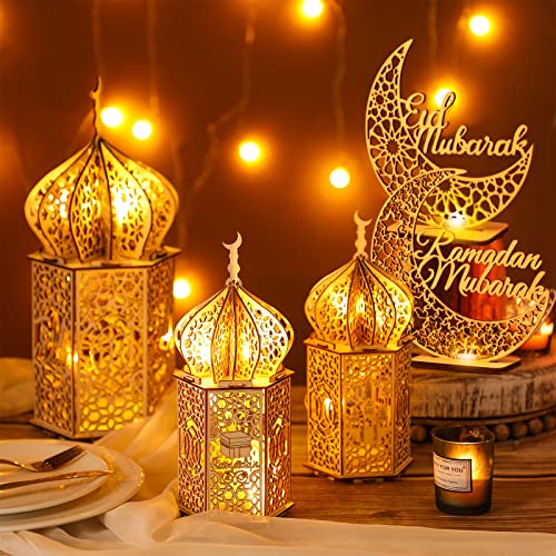 5 Pieces EID Decorations Ramadan Kareem Tabletop Ornaments LED Ramadan Lanterns 3D Handmade Wooden Moon Star Eid Mubarak Ornaments for Home Party Supplies, 5 Patterns - Image 3