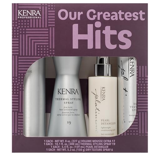Kenra Professional Our Greatest Hits | Kit Includes Full Size Volume Mousse Extra 17, Thermal Styling Spray 19, Pearl Detangler, and Dry Texture Spray 6 | 4 pc. Gift Set | $93 Value 27% Savings