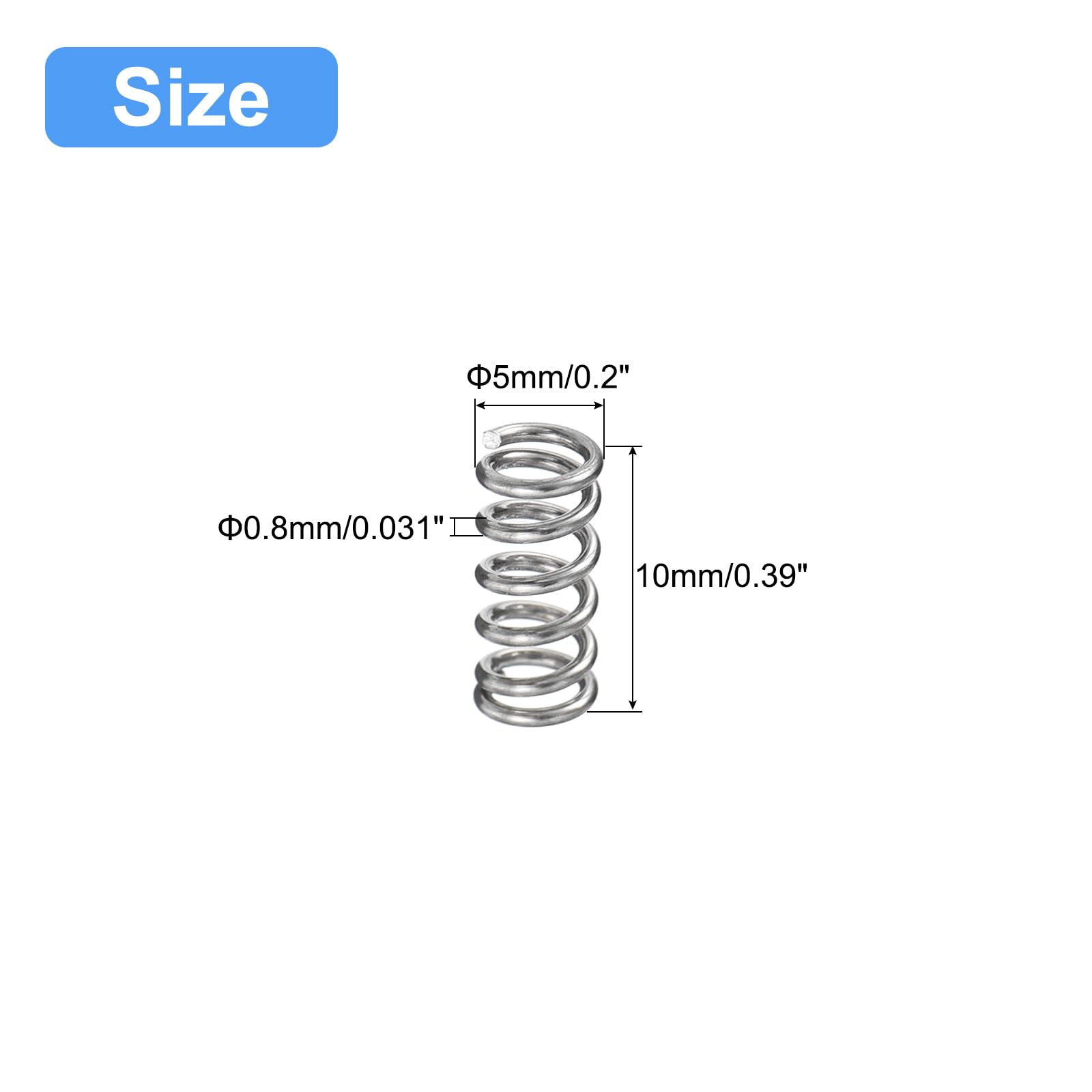 sourcing map Compressione Molla, 304 Acciaio inossidabile Acciaio, 18mm OD, 1mm Filettatura Dimensioni, 9mm Compresso Lunghezza, 40mm Libero Lunghezza, 5,9N Capacità Carico, Argentato, 5pz