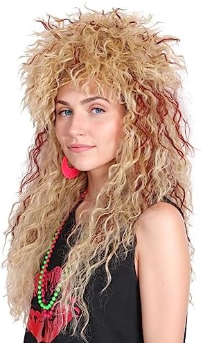 FantaLook Women Long Curly 80s Blonde with Reddish Brown Cosplay Wig