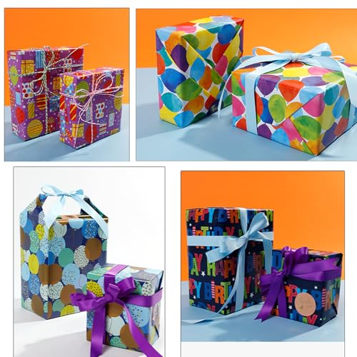 Trrrioosy 4 Rollen Geschenkpapier Geburtstag 43 x 300cm Bunt Geschenkpapierrollen Set für Junge Erwachsene Babyparty Kindergeburtstag Hochzeit Weihnachten (Bunt-HAPPY BIRTHDAY)